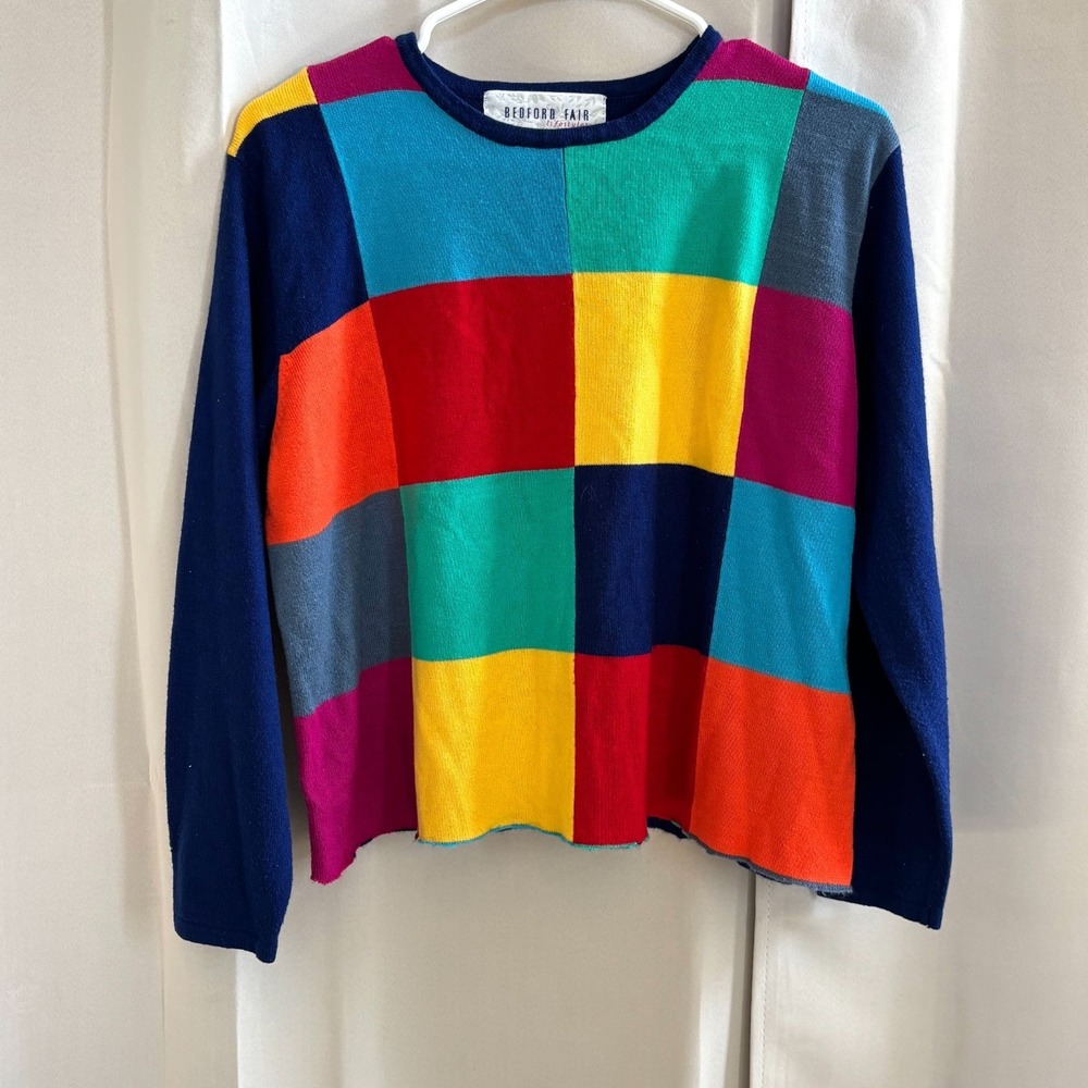 Vtg Bedford Fair Sweater Y2K 90s Colorblock Knit Patchwork Retro Grunge 18841x